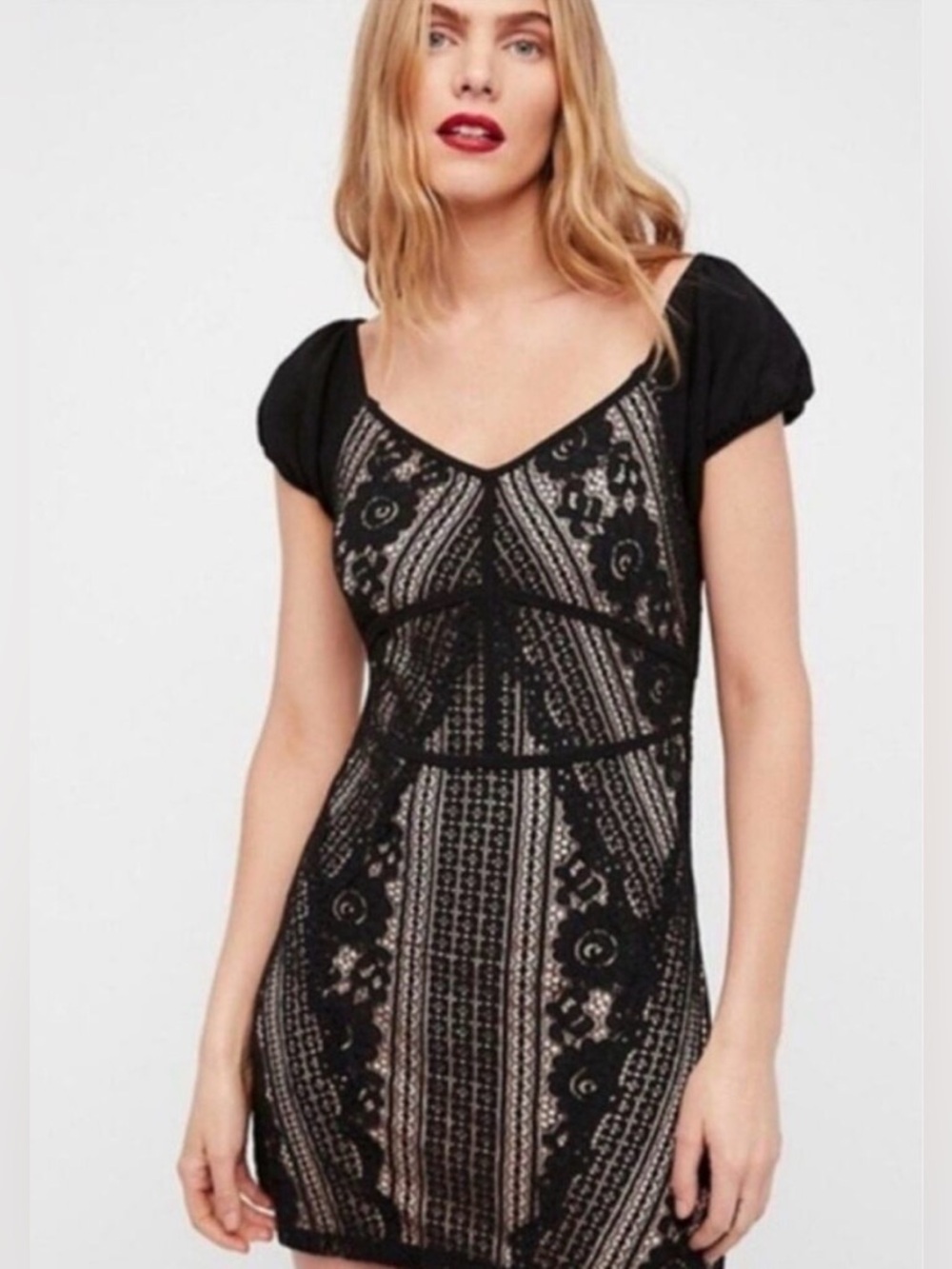 NWOT Free People Black Lace Mini Dress with Nude Lining
